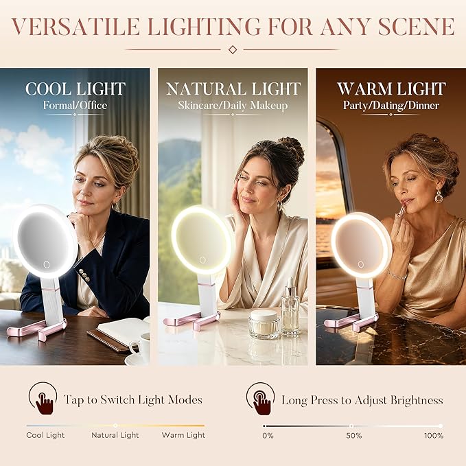 MIYADIVA Travel Makeup Mirror with Lights, Height Adjustable 30X/1X Double-Sided Magnifying Mirror, Portable Foldable Vanity Mirror with Digital Display & Phone Holder, Handheld Tabletop Hanging