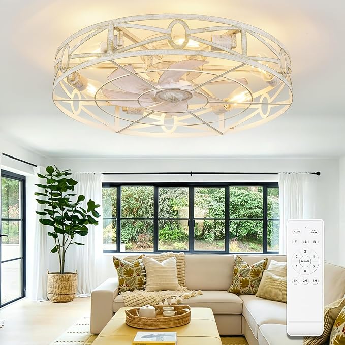 Depuley Flush Mount Ceiling Fan: 24" Caged Ceiling Fans with Remote Control for Patio Kitchen Bedroom - Low Profile Fandelier Lights Fixture Reversible 6 Speed Timer Cement 6*E26 Bulb Not Included