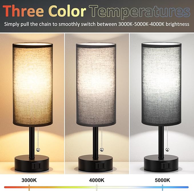 Fenmzee Black Bedside Table Lamps Set of 2-3 Color Temperatures Pull Chain Lamp with AC Outlet Charging Port, Round Night Stand Lamps for Bedroom Office, Small Bed Side Light with E26 LED Bulbs