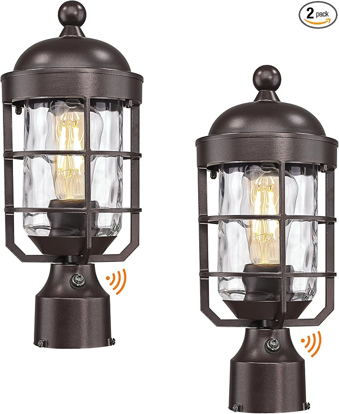 Emliviar Set of Two 14.4" Pillar Lights Outdoor, Dusk to Dawn Farmhouse Oil Rubbed Bronze Outdoor Post Lamp with Water Ripple Glass Shade, GE255P-L-PC-2 ORB-WG