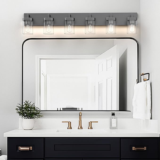 Bathroom Vanity Light, Square Design 6 Lights Morden Bathroom Lighting Fixtures Over Mirror, Black Vanity Light for Living Room/Bedroom