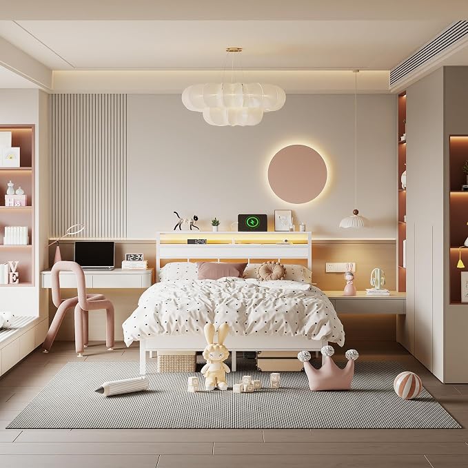 Queen Bed Frame White,Storage Headboard,Charging Station & RGB LED | 2-Tier Wood Shelves, Metal Support Slats, Noise-Free, No Box Spring. 12.6" Under-Bed Clearance. USB & Type-C, Easy Assembly.