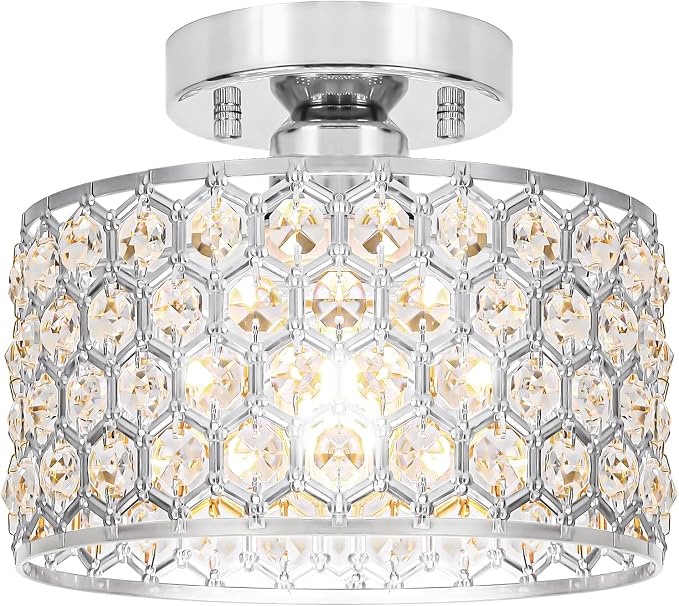 Lxybcce Chrome Crystal Ceiling Light Fixture - Modern Semi Flush Mount Ceiling Chandelier Lighting for Hallway, Kitchen & Foyer | Dazzling Prism Chandelier with Easy Installation,1 Light, 9 in
