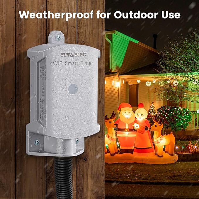 SURAIELEC 15 AMP WiFi Smart Timer Switch for Outdoor Electrical Boxes, 120V WiFi Pool Timer, for Waterproof Outlet Junction Box, Pool Light, Driveway Lighting, Security System, Holiday Decorations