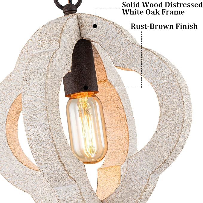 10" Small Farmhouse White Wood Pendant Light for Kitchen Island Over Sink | Distressed White Oak, Rustic Country Style, Rust-Brown Finish, Orb Shape, E26 1-Light, Ajustable Height