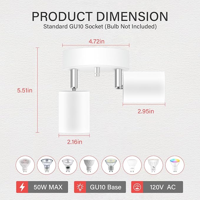 AUQUEE LED 2 Light Track Lighting Kit, LED Track Lighting Fixtures, White Round Ceiling Spot Lighting, Flexibly Rotatable Light Head for Kitchen, Living Room, Bedroom, GU10 Bulb Not Included