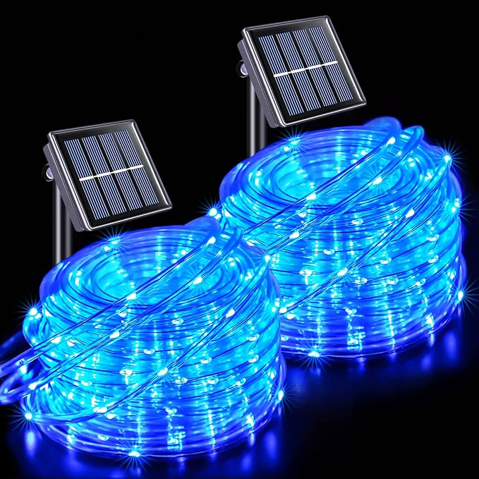JMEXSUSS 2 Pack 100 LED Blue Solar Rope Lights, Solar Tube Lights Outdoor | IP65 Waterproof, 8 Modes, 33ft Trampoline Light for Xmas Fence Yard Walkway Path Garden Decor
