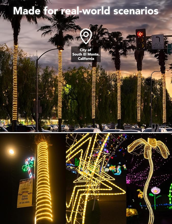 WYZworks 216LEDs, 20ft LED Outside Rope Lights, Waterproof Permanent Outdoor ETL Certified Connectable Clear Tube, Christmas Palm Tree Holiday Decorative Landscape Patio Accent Lighting - Warm White