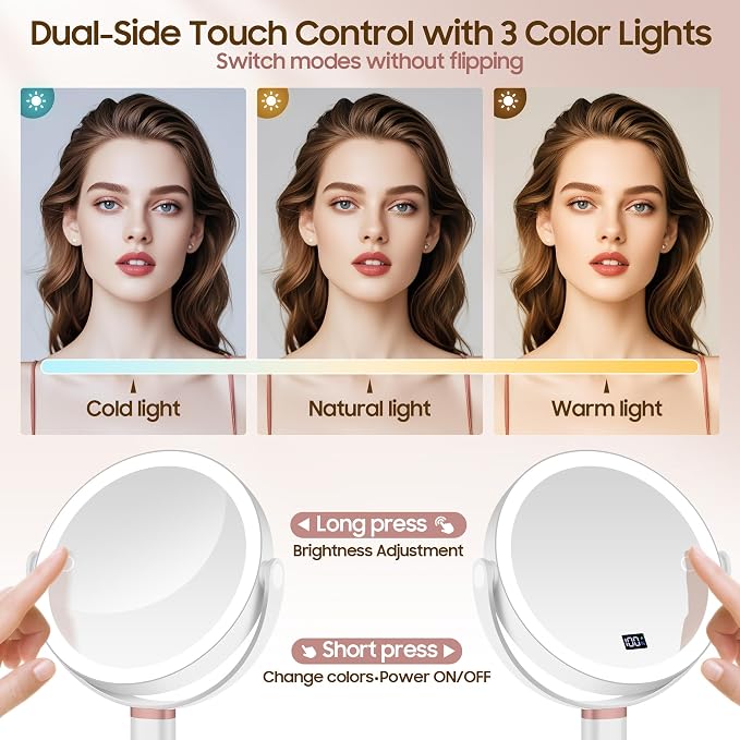 Makeup Magnifying Mirror with Light 30X/1X, Digital Display, 2-Sided Touch Control, Makeup Mirror with 3 Color Lights,360° Rotate, Height Adjustable Lighted Magnifying Mirrors for Desk Travel