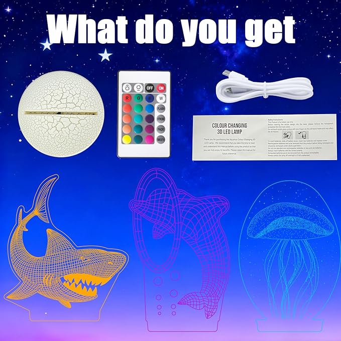 3D Jellyfish Night Light with Remote - 3 in 1 Ocean Acrylic Panels (Jellyfish, Dolphin, Shark), 16 RGB Colors ，4 Modes, USB/Battery(Not Included), Christmas Gift for Kids, Marine Theme Decor