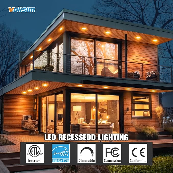 VOLISUN 12 Pack 3 inch Recessed Lighting, 5CCT LED Recessed Light with Junction Box, 2700K-5000K Selectable, Dimmable Canless Wafer Downlight, LED Ceiling Light ETL Certificated