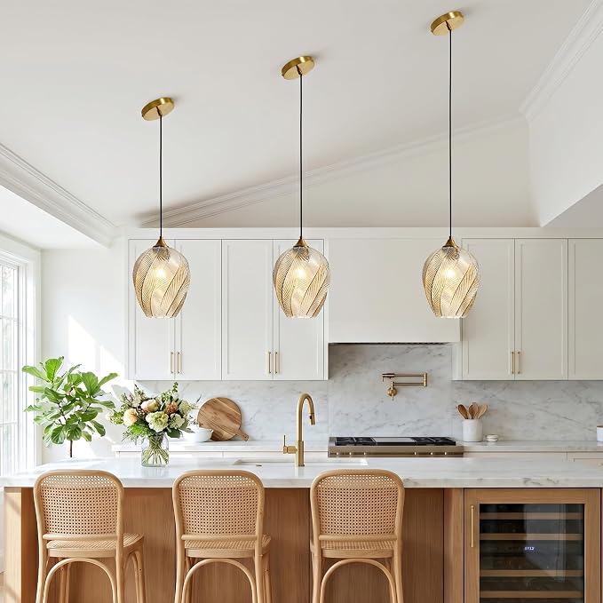 Amber Glass Pendant Lights Kitchen Island Gold Hanging Ceiling Light 8" | 1 Pack, Adjustable height, Dimmable, E26 bulbs, Rust-resistant Damp Rated For Bathrooms, 5-Year Warranty, UL Certification