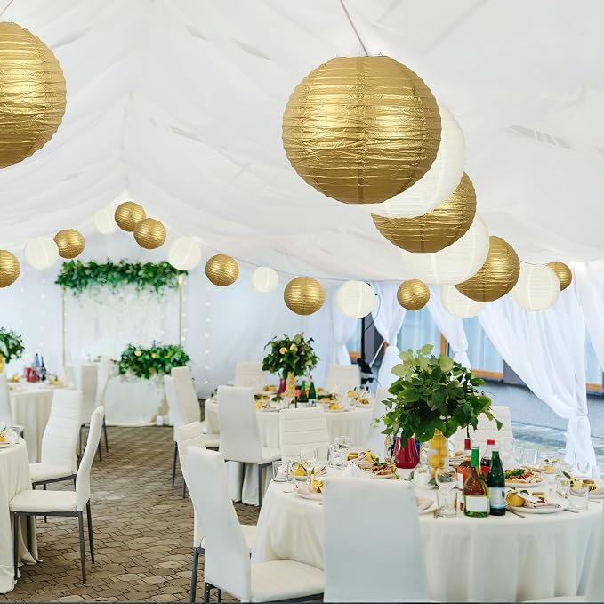 20Pcs Paper Lanterns Decorative, Gold and Ivory 6"8"10" for Home Decor | Round Hanging Paper Lanterns Decorations for Rustic Party Bridal Shower Wedding Engagement Birthday Classroom Ceiling Decor