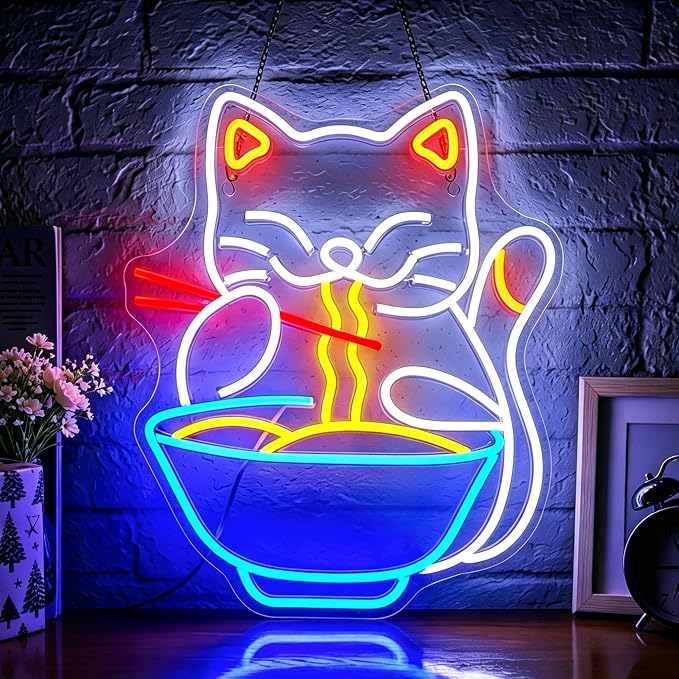 Neon Sign, Ramen Cat Neon Signs for Wall Decor LED Signs Neon Light | Cat Ramen Neon Sign, Dimmable Cat Noodle LED Sign for Bedroom, Kids Room, Restaurant, Kitchen, Home Decor, Gift, USB Powered