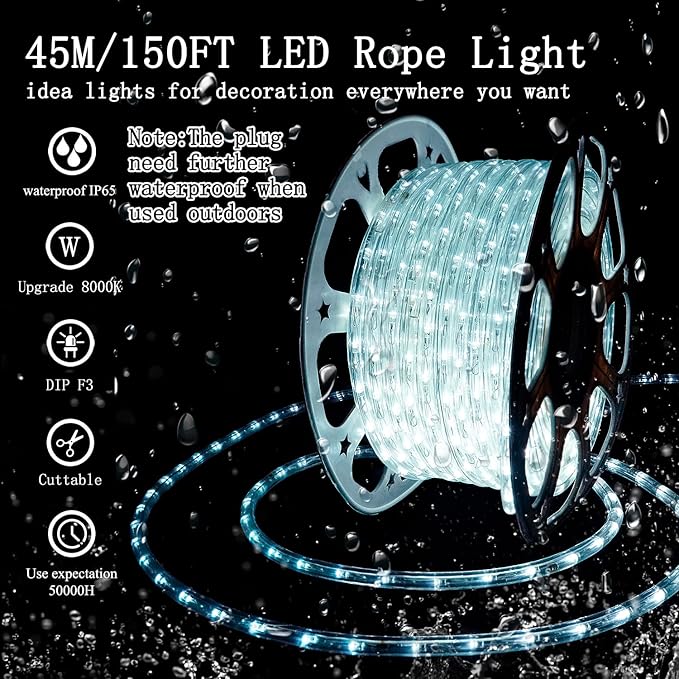 LED Rope Lights Outdoor Waterproof: 150FT LED Rope Lighting Dimmable - 110V 6500K Daylight White String Light Tube Cuttable Connectable for Garden Patio Party Indoor Decoration, Not Flat Strip