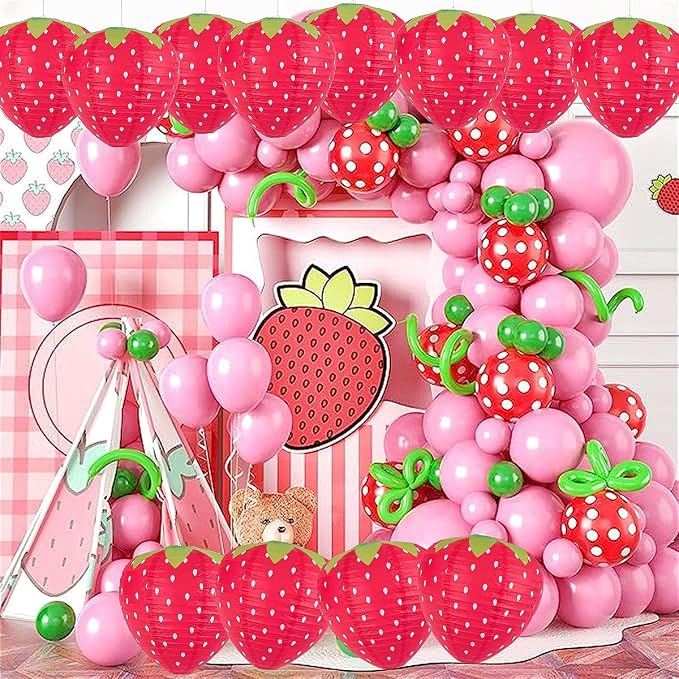 6PCS Strawberry Paper Lanterns, Strawberry Hanging Paper Lantern Decorations Strawberry Decoration Hanging for Room Birthday Party Wedding Garden Decor - 8 Inch, Red&Pink