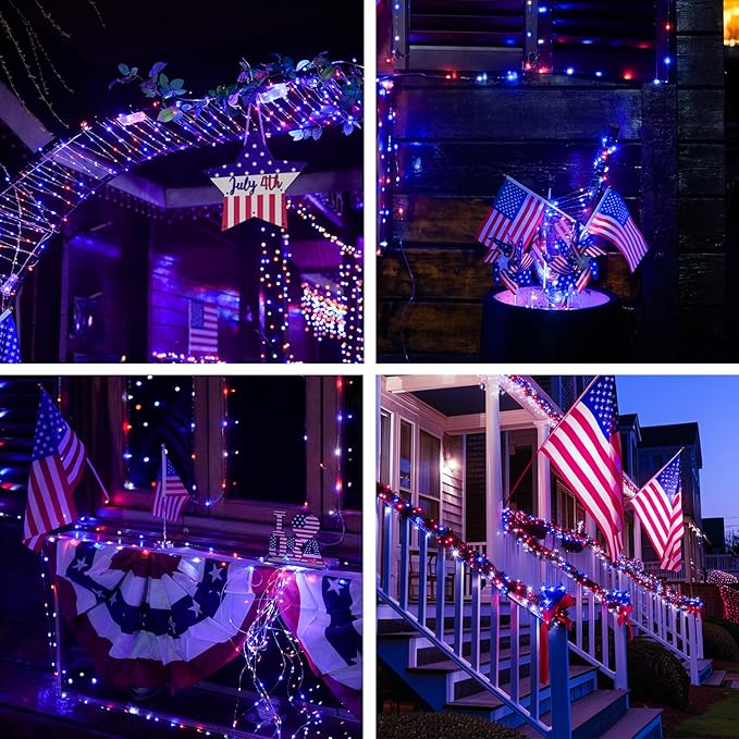 JMEXSUSS 4 Pack 50LED Red White Blue Fairy Lights Battery Operated, 16ft Battery Powered 4th of July Fairy Lights, Indoor Patriotic Lights for Independence Day 4th of July Decorations