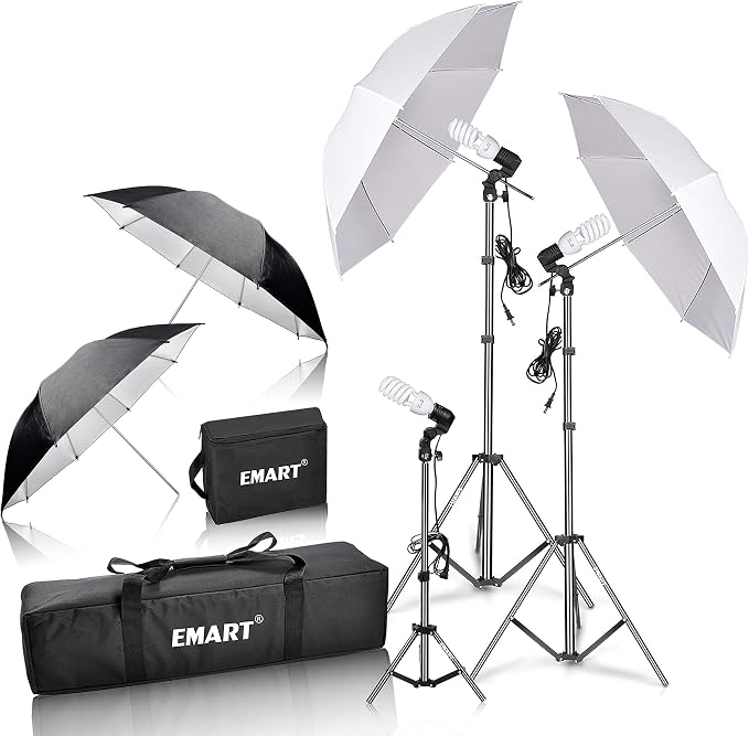 EMART Umbrella Photography Lighting Kit with 45W 5500K Bulb for Studio | 33" Shoot Through & Reflective Photography Umbrella, Tripod Stand, Full Spectrum Bulbs for Video Recording, Portrait, Podcast