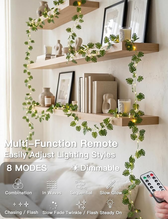 33FT Monstera Vines with Lights Battery & USB Powered Copper Wire | 100Led Leaves String Lights with Remote,Artificial Plants for Indoor, Bedroom,Wall,Party Tropical,Dorm Decor(Warm White)