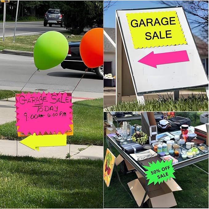 LinQuick Large 9.5x11.5in Neon Poster Board Cutouts,Burst Star Garage Sale Yard Sale Sign,Paper Signs for Science Fair Projects Decoration,School Presentation Supplies