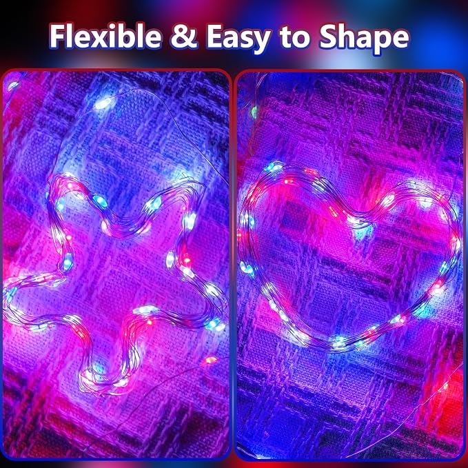 4Pack 80FT 240LED Red White and Blue Fairy Lights Battery Operated with Remote | 4th of July Decorations Twinkle Lights with Timer | American Flag Light for Independence Day Patriotism Decorations