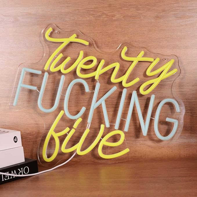 Twenty Fucking Five Neon Light Sign Blue Yellow 25 Years Old LED Celebrate 50th Men and Women Birthday Party Happy Twenty Five Best Age New Young Life for Party Wall Decor