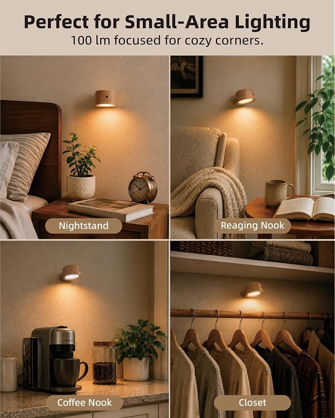 LED Wall Mounted Lights, Rechargeable Wall Sconces, 3 Color Temps, Remote & Touch, 360° Rotating and Dimmable for Bedroom, Bedside & Reading (Wood, 2 Pack)