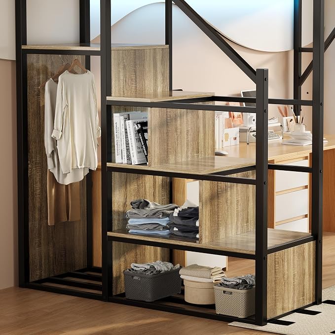 Full Size Metal Loft Bed with Storage Stairs, Wardrobe & Charging Station | Storage Shelve,Convertible Staircase,LED Lights, Solid Wood Stairs, Safety Guardrail, Noise-Free, No Box Spring Needed