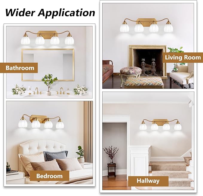 4 Light Gold Vintage Vanity Lights, Antique Brass Finish | Milk White Tulip Crystal Shades,Brushed Gold Bathroom Light Fixtures, Wall Sconce Ideal for Bedroom,Hallway,Easy to Install