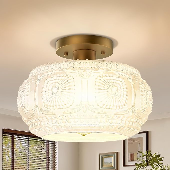 Semi Flush Mount Ceiling Light, Upgraded Larger Milk Glass Shade Modern Ceiling Light Fixture, Vintage Gold Lighting for Hallway Bedroom Entryway Kitchen Porch