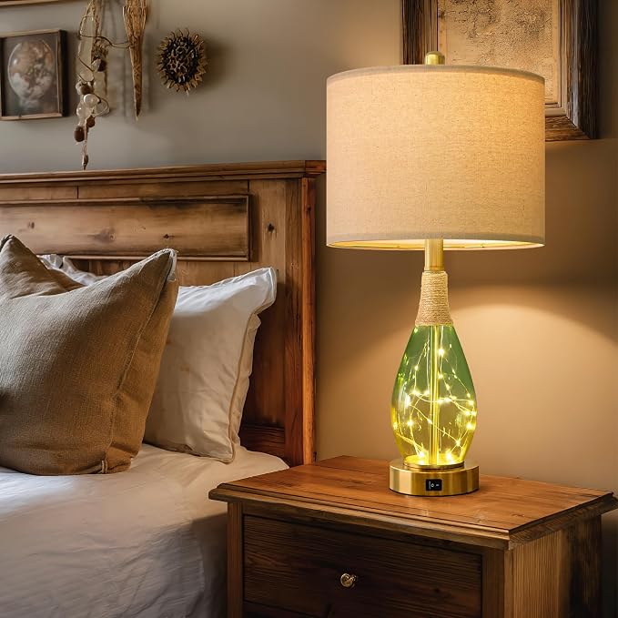 23" Table Lamps Set of 2,Farmhouse Lamps with Glass Nightlight, Bedside Lamps for Living Room, Rattan Lamps for Bedroom Nightstands, Two Light Points