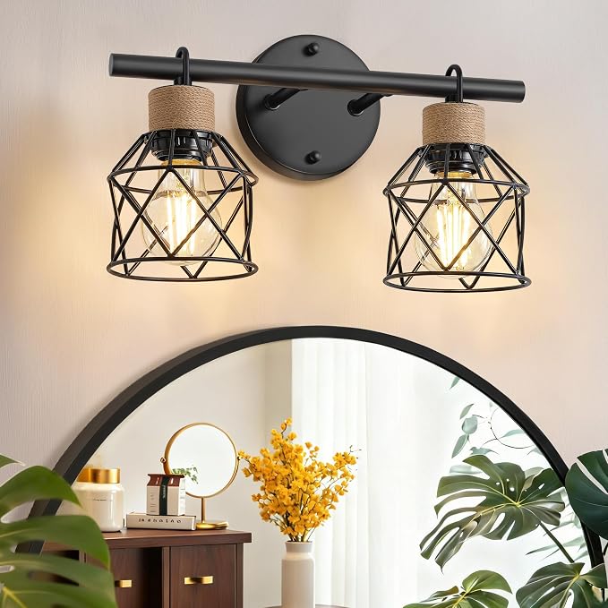 2-Light Farmhouse Bathroom Light Fixtures, Rustic Black Bathroom Lighting Over Mirror with Metal Shade, Modern Coastal Vanity Lights for Mirror Living Room Cabinet Bedroom