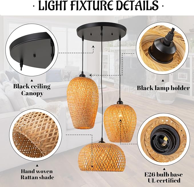 Rattan Pendant Light Bamboo Hanging Light 3-Lights Boho Pendant Light Fixture Woven Basket Wicker Shade Rattan Chandelier for Living Room Dining Room Kitchen