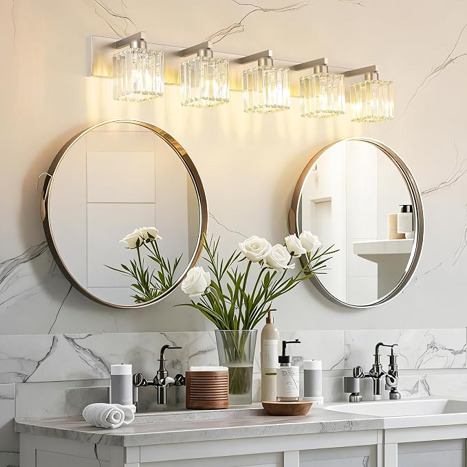 Aipsun Brushed Nickel Bathroom Lighting Fixtures 5 Light Vanity Light Crystal Modern Bathroom Vanity Light (Exclude Bulb)