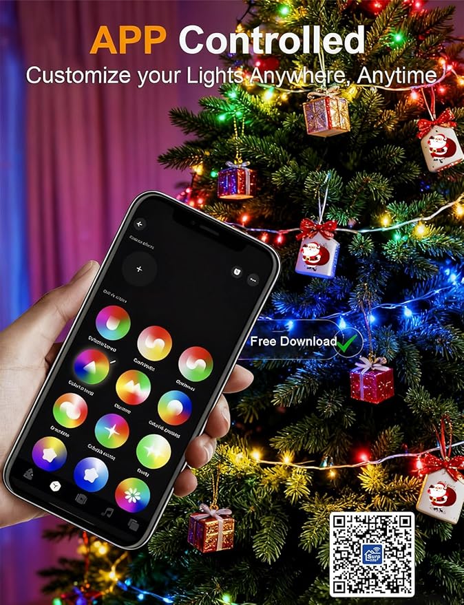 echosari Smart Christmas String Lights, 200 LED 66Ft Color Changing Fairy Light with App, Music Sync RGB Built in Chip for Bedroom Party Tree Decor (Clear Wire)