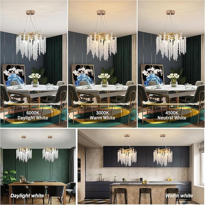Tree Branches Chandeliers Luxury Round Raindrop Crystal Pendant Light Fixture 8 Light Tassel Ceiling Hanging Light for Dining Room Bedroom Living Room Entryway 15.8" Gold