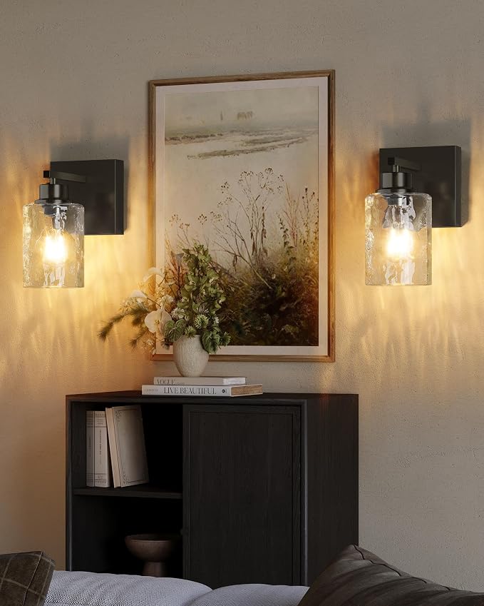 Hammered Glass Wireless Battery Operated Wall Sconces Set of Two Black | Dimmable Rechargeable Wall Lights with Remote Timer, Easy Install Lamp for Living Room Bedroom, Emergency 3000K