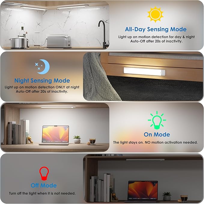 Motion Sensor Under Cabinet Lights, Magnetic Rechargeable Under Counter Closet Light, Wireless Night Light Bar Stick-On, 5-Pack, 6500K Cool White