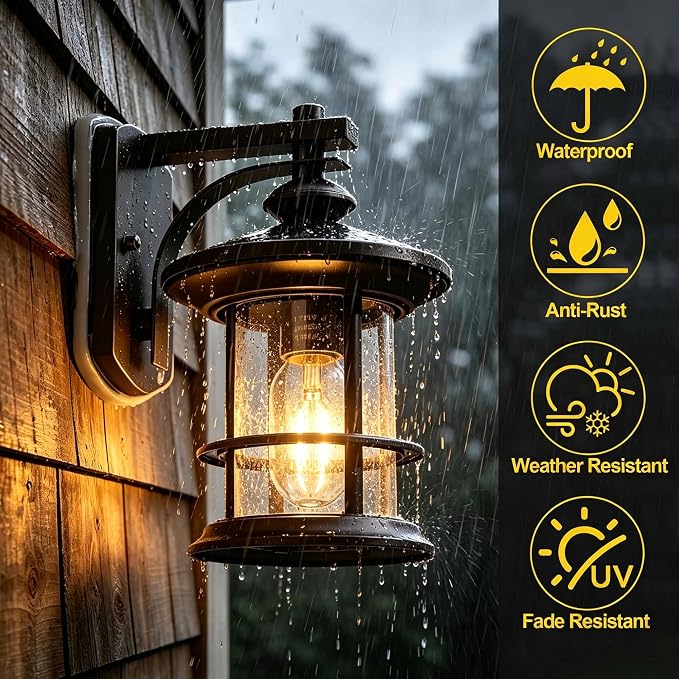 MICSIU 100W Max Vintage Farmhouse Oil Rubbed Bronze Outdoor Wall Light | 10 Inch Metal Exterior Sconce 1 Pack, Clear Seedy Glass Outsize Porch Light for Entryway, Garage, Bathroom