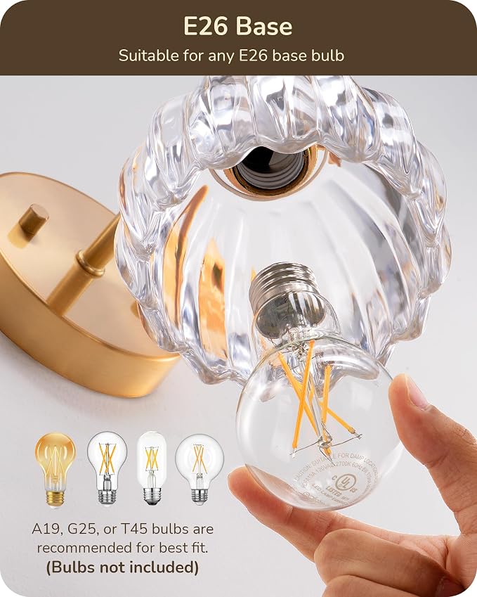 EDISHINE 2-Pack Brass Gold Sconces, 180° Adjustable Tulip Glass Wall Lamps | Hardwired, Rotary ON/OFF Switch, E26, Vintage & Modern Style for Bathroom, Bedroom, Hallway
