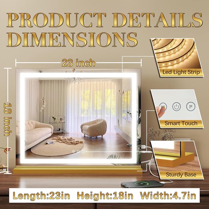 ROLOVE 23x18 Inch Gold Vanity Mirror with Lights, Detachable Magnifier | Desk Mirror with Light, 3 Color Modes, Stepless Dimming, Touch Control, Plug-In Power, Horizontal Wall Mount or Tabletop Use