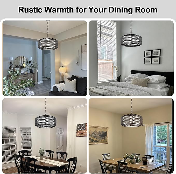 Farmhouse Chandelier Light Fixture, 5-Light Rattan Boho Chandeliers for Dining Room, Hand Woven Pendant Light with Linen Shade, Rustic Hanging Lighting for Kitchen Island, Bedroom (Bulb Not Included)