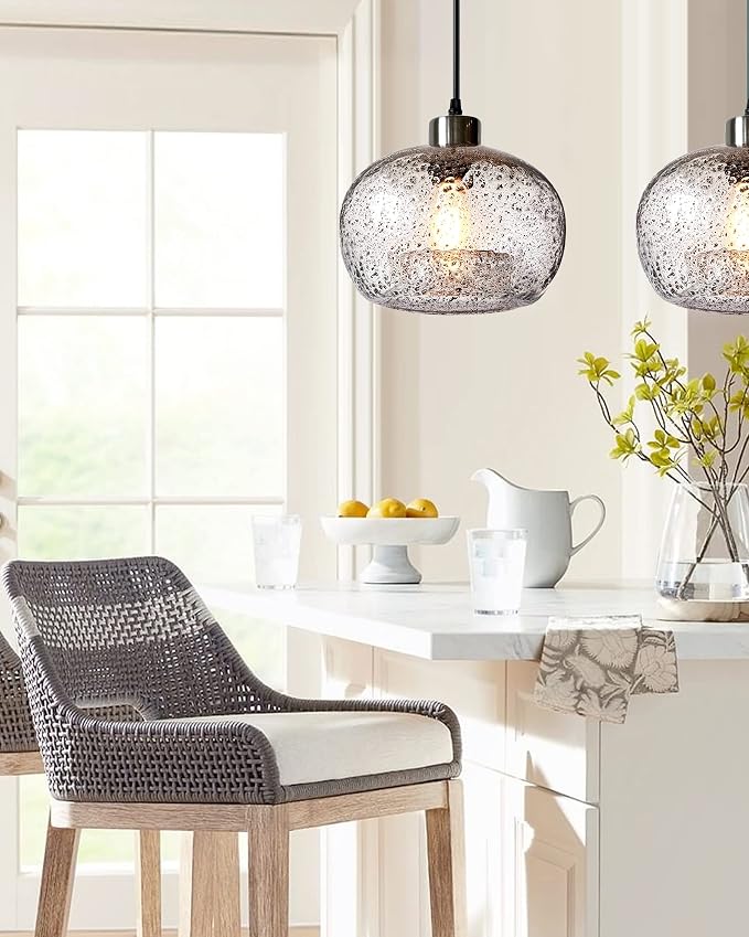 Glass Pendant Light, Clear Black Seeded, Brushed Nickel | HandBlown Ceiling Hanging Fixtures Dimmable Kitchen Island Sink Bar,Adjustable Cord,Lamp 8.7 Inch D