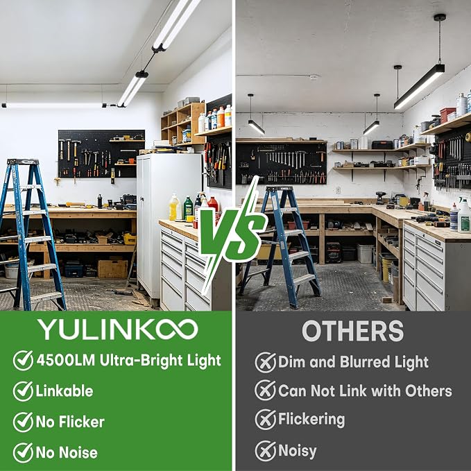 T5 LED Shop Light, 4FT 4500LM Garage Lighting, 45W (150W Equivalent), 6500K Linkable Integrated Light Fixture with ON/OFF Switch, Hanging or Ceiling Mount Bright White Light for Workshop (4 Pack)