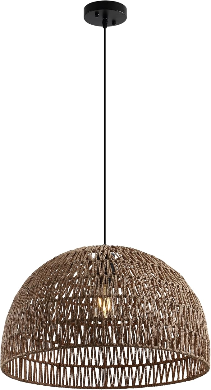 JONATHAN Y Campana 1-Light Pendant Dome Ceiling Lamp, 20", Brown | Modern Coastal Farmhouse Decor, Adjustable Height, Woven Rope Metal Frame, LED Bulb Included, UL Listed