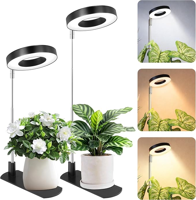 LBW Grow Lights for Indoor Plants, Full Spectrum Halo Grow Light with Base | 48 LED Plant Light for Small Plant, Base/Soil Stake, 7.8-26" Adjustable, 6/8/12/16H Timer, 3 Color Mode, 5 Brightness, 2 pack