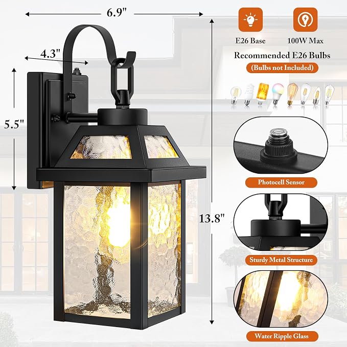 Dusk to Dawn Outdoor Wall Lights, Exterior Lighting Fixtures Wall Mount, Porch Lights Outdoor Wall Sconces with Water Ripple Glass, Outside Lights for House Front Door Garage, 2-Pack | Auto ON/OFF, Waterproof, Rust-Resistant, Durable Metal & Sturdy Gla...