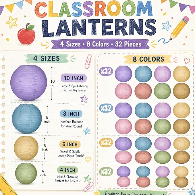 Glooglitter Neutral 16 Pack Paper Lanterns Hanging Decorations 4” 6” 8” 10” Round Chinese Lantern for Classroom Back to School Party Indoor Outdoor Wedding Shower Nursery Ceiling Hanging Decor