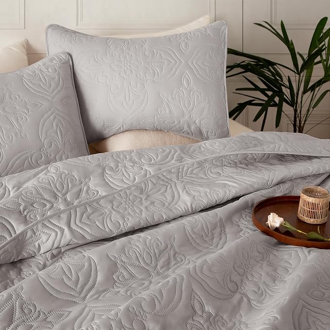 Whale Flotilla Twin Quilt Bedding Set Vintage Damask Reversible Bedspread | Suitable for Bed, 2 Pieces Light Grey Lightweight Breathable Quilts Twin Size, Ultrasonic Coverlet with 1 Pillow Sham