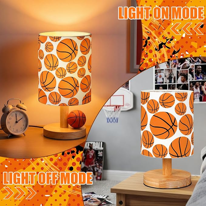 Basketball Kids Table Lamp for Bedroom Kids Bedside Lamp with Linen Wooden Nightstand Cartoon Nursery Lampshade for Girls Boys Living Room